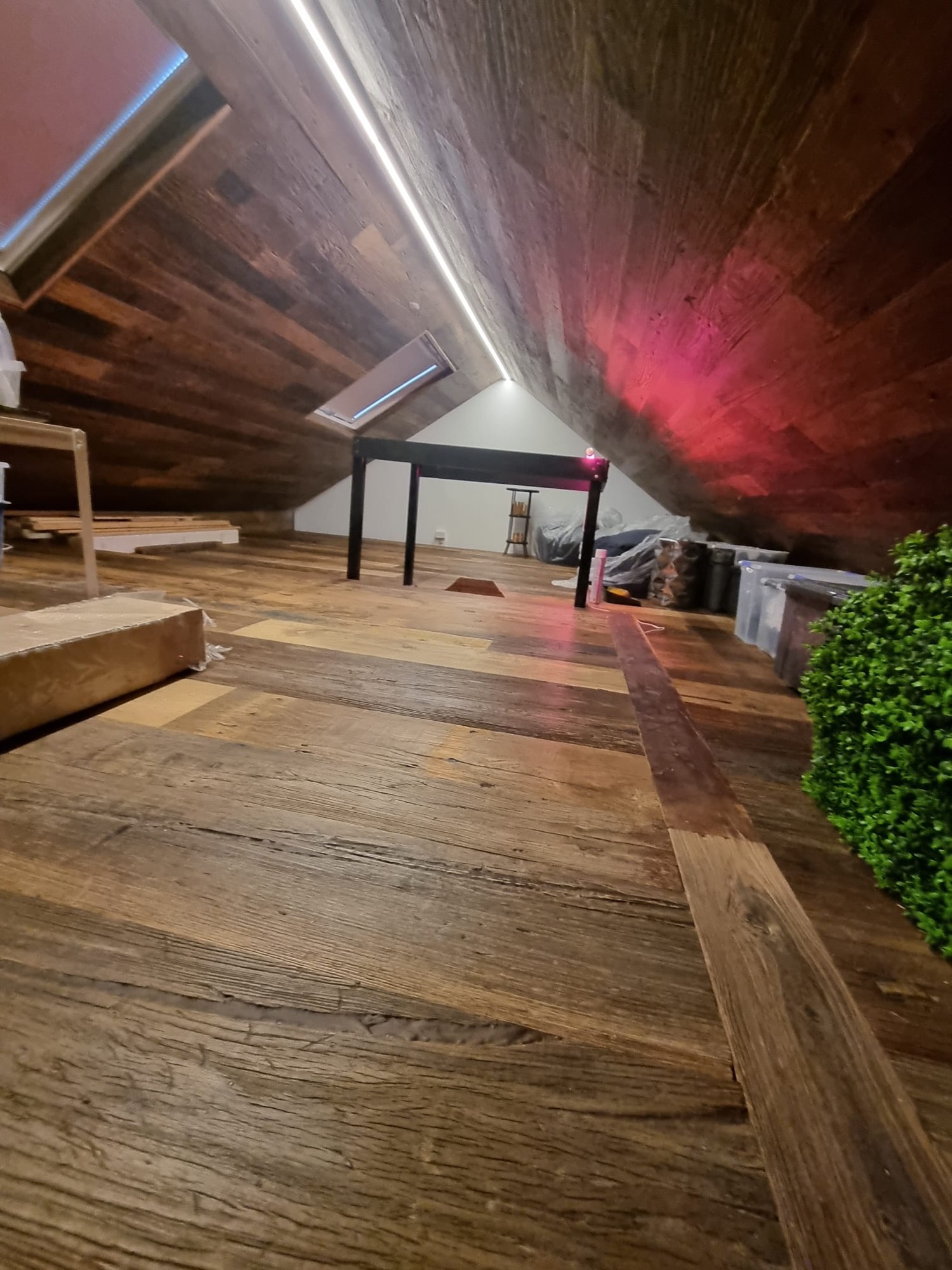 Reclaimed timber used as floor and ceiling cladding